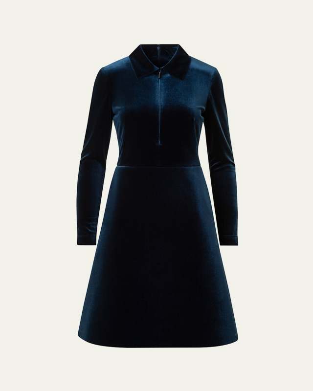 Long-Sleeve Neoprene Velvet A-Line Shirtdress